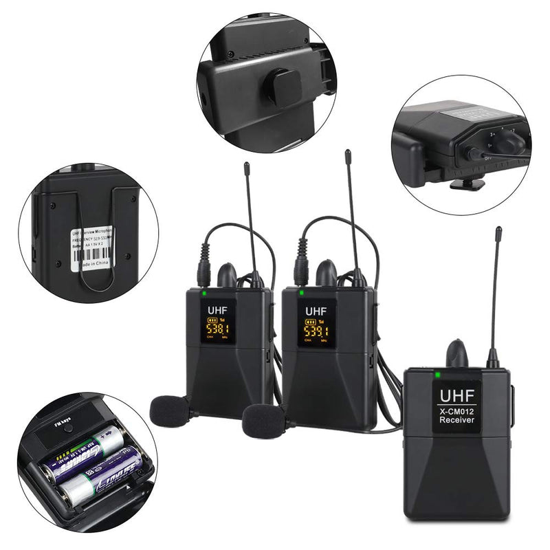 [AUSTRALIA] - XTUGA X-CM012 UHF Dual Wireless Lavalier Microphone, UHF Lapel Mic System with 16 Selectable Channels Come with Two 3.5mm Cables up to 164ft Range for DSLR Camera/DV/Camcorders/Audio Recorder 