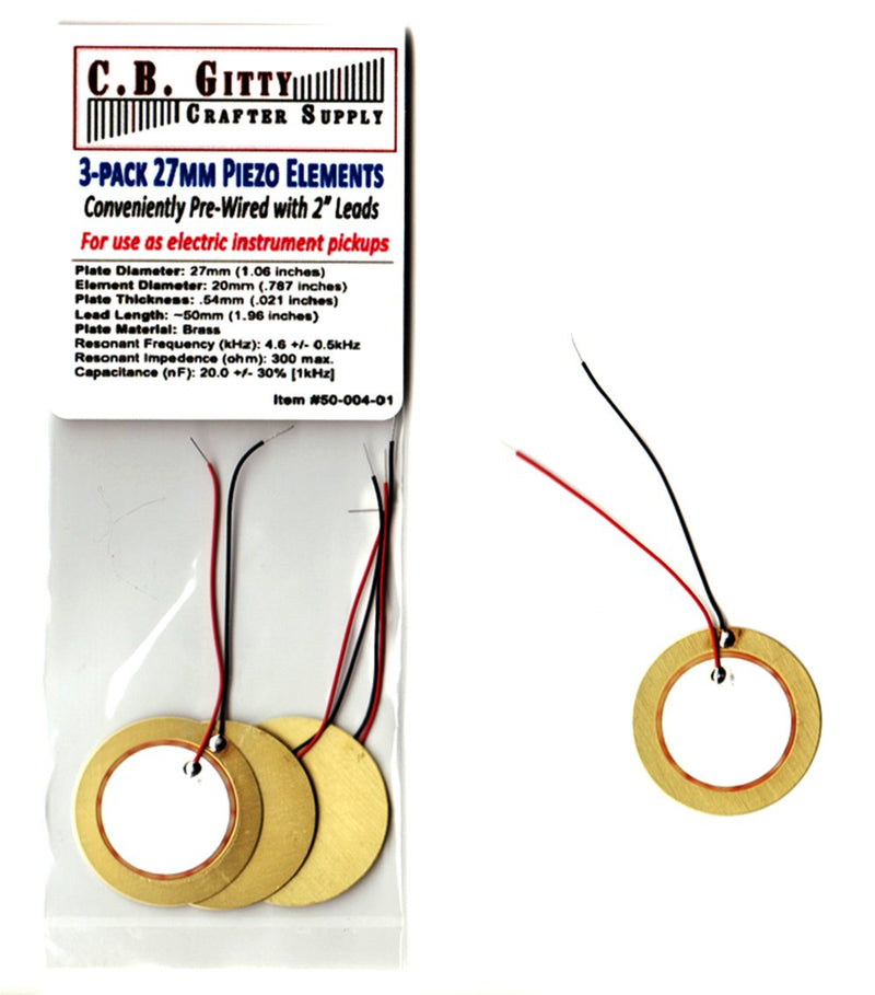 3-pack 27mm Piezoelectric Disk Elements (Contact Pickups) with 2" Leads