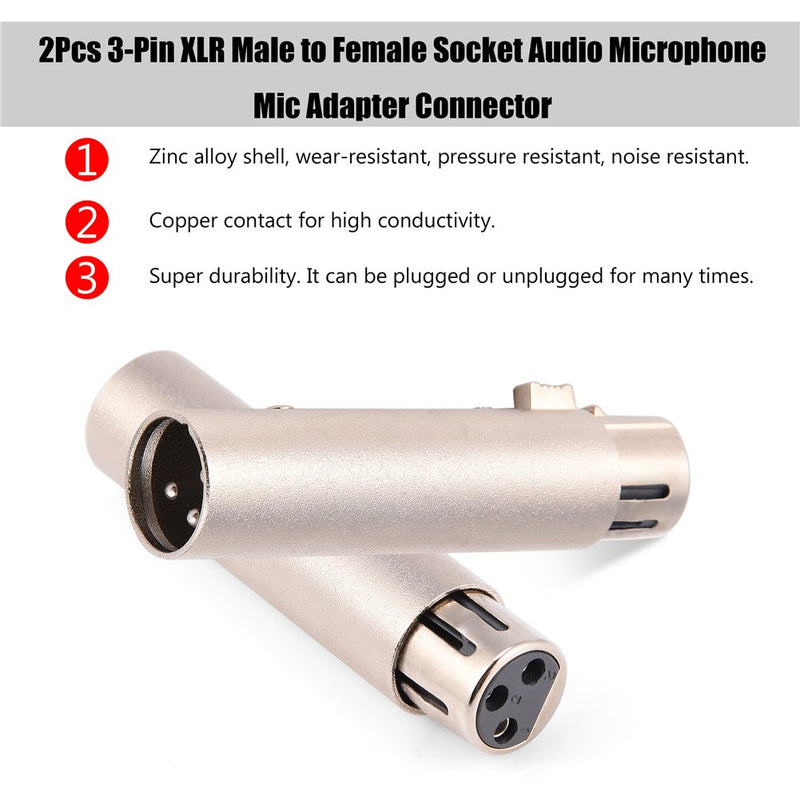 2Pcs 3-Pin XLR Male to Female Socket Connector Audio Microphone Mic Extension Adapter Gender Changer Coupler