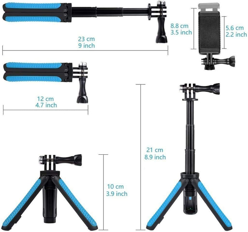 Mini Selfie Stick Tripod Kit 2-in-1, Compatible with Hero 9/8/7/6/5/MAX/OSMO/ACTION Action Cameras and Smartphones, 1/4 inch Screw Fixed, with 3-Level Telescopic Function Tripod（Blue） Blue