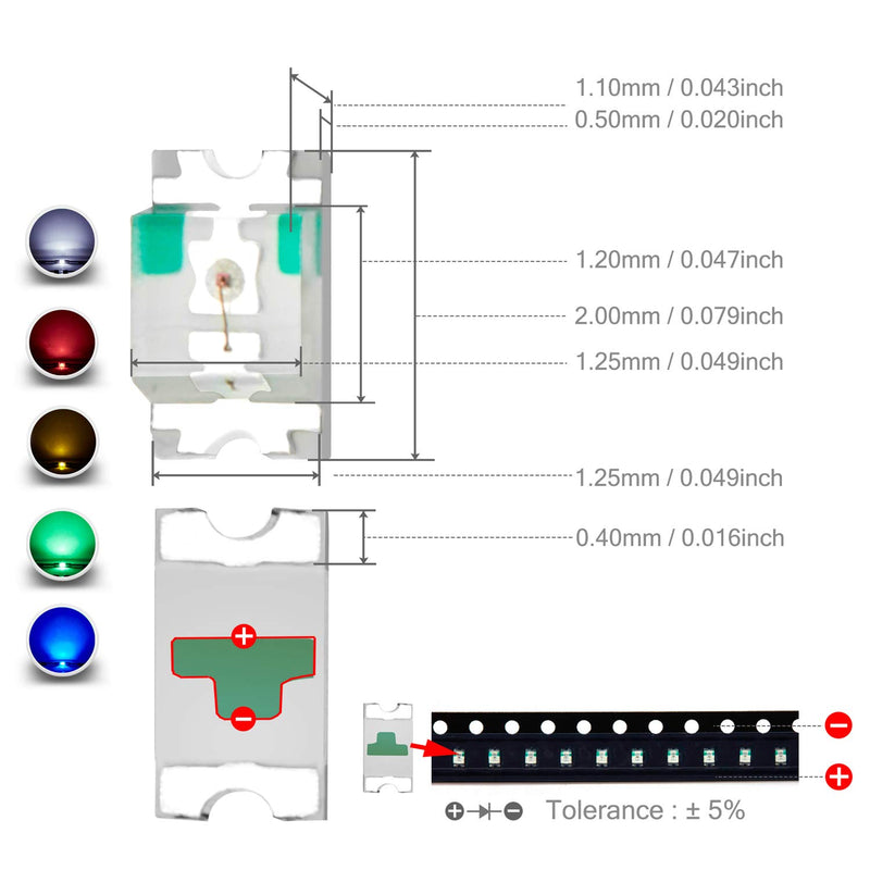 Chanzon (5 Colors x 20 pcs = 100 pcs) 0805 SMD LED Diode Lights Assorted Kit (Mini Chip 2.0mm x 1.2mm for PCB DC 20mA) Super Bright Lighting Bulb Lamps Electronics Components Light Emitting Diodes 1) 5 Colors X 20pcs = 100pcs