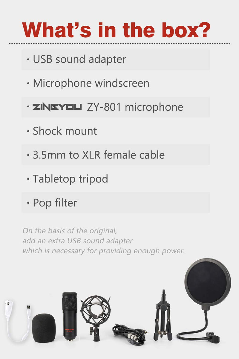 ZINGYOU Condenser Microphone ZY-801+, Professional Studio Microphone include Sound Card, Desktop Cardioid Condenser Mic, PC Recording and Broadcasting (Matte Black) Matte Black