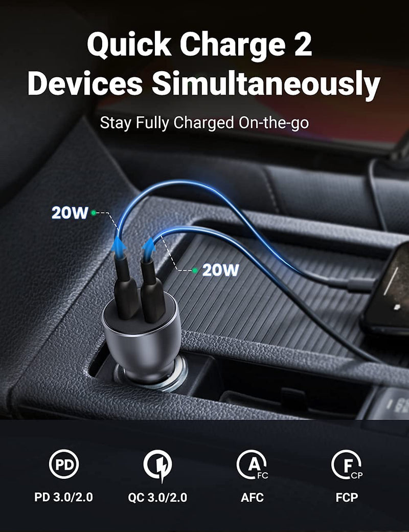 UGREEN USB C Car Charger - 40W Dual Fast Charge PD3.0 Port Type C Car Phone Adapter Compatible with iPhone 12 Pro Max Mini 11 X XR XS SE, Galaxy S21 S20 Note 20 Ultra 10+ Note 9+, iPad Pro, AirPods
