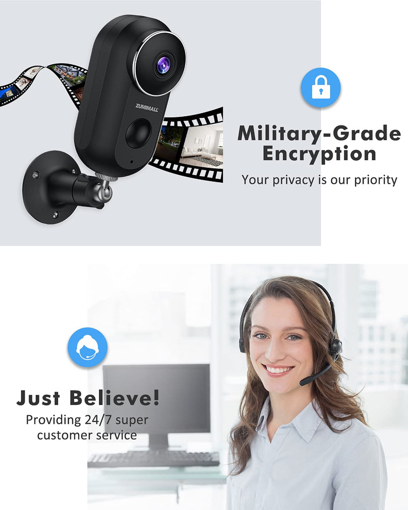 ZUMIMALL Wireless Outdoor Security Camera, 1080P Battery Powered WiFi Surveillance Cameras for Home Security System, Night Vision, Motion Detection, 2-Way-Talk, IP66 Weatherproof Black