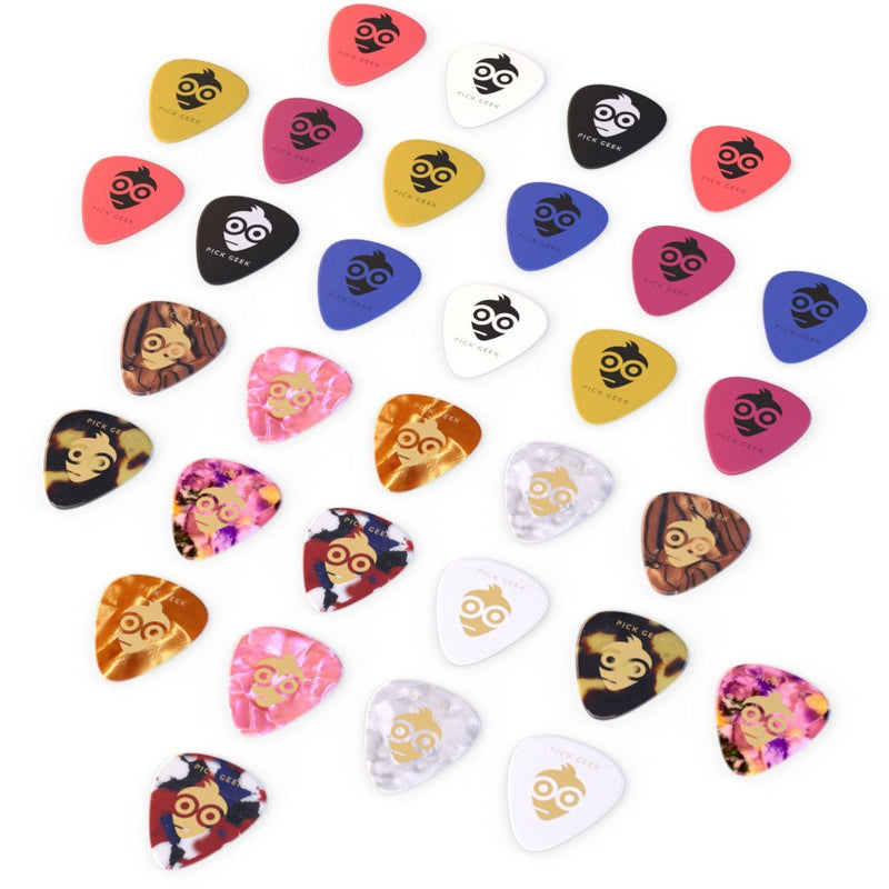 Pick Geek Cube - 2 Sets of Premium Guitar Picks for your Electric, Acoustic or Bass Guitar - Celluloid & Delrin - X Heavy, Heavy, Medium & Light - In 2 Metal Pocket Boxes - A Perfect Gift - Guaranteed Pick Geek Cube