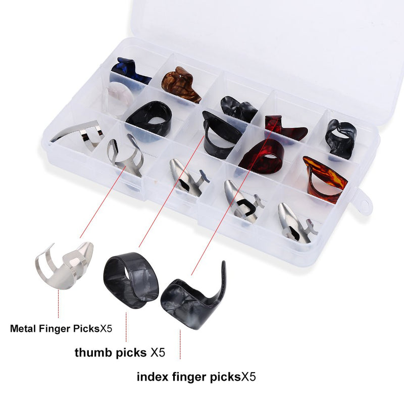 Guitar Finger Picks, 15Pcs Metal Thumb Index Finger Guitar Picks DIY Ring Protector Guitar Accessory with Storage Box Instrument Part