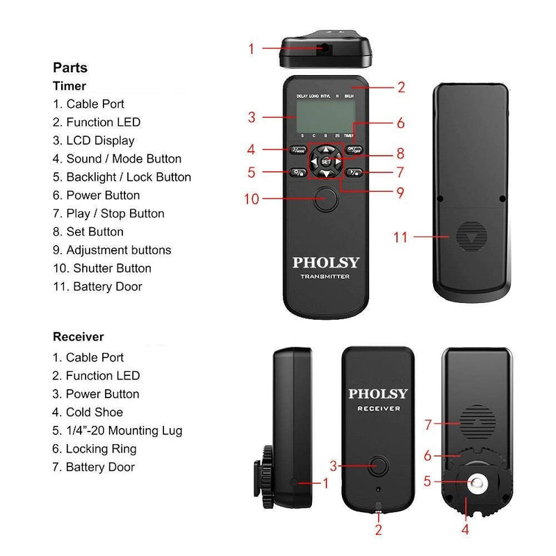 PHOLSY Wireless Timer Remote Control with Intervalometer HDR Compatible with Canon EOS R RP R6 R5 90D 250D 850D 5D 6D-II 7D 7D-II 10D; for Olympus EM1X EM1-II EM5-III; for Fuji GFX100 XT3 XT4 XT30 Compatible with Canon / Fuji / Olympus