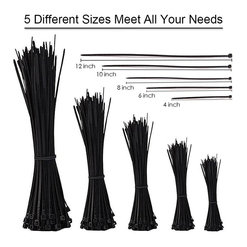 NewMainOne Cable Zip Ties,500 Packs Self-Locking 4+6+8+10+12-Inch Width 0.16inch Nylon Cable Ties,Perfect for Home,Office,Garage and Workshop (Black) Black