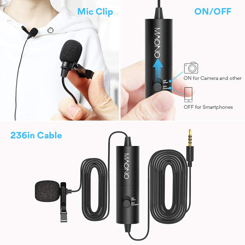 [AUSTRALIA] - Lavalier Microphone, MAONO AU-100 Hands Free Clip-on Lapel Mic with Omnidirectional Condenser for Podcast, Recording, DSLR,Camera, Smartphone, PC,Laptop (236 in) 