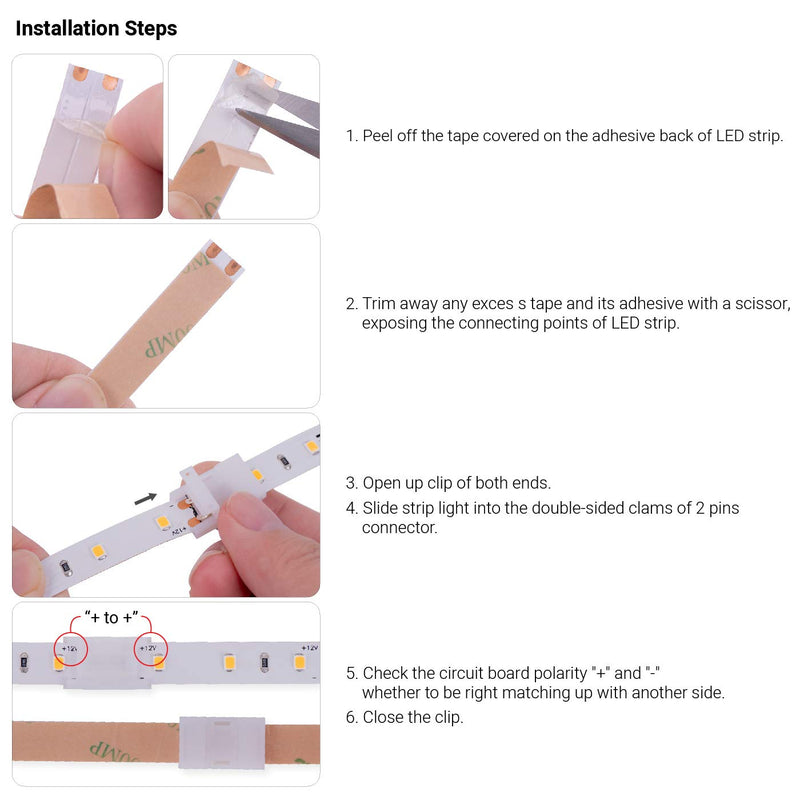 [AUSTRALIA] - JAUHOFOGEI 10pcs 2 Pin 8mm Solderless LED Strip Light Connector Clips, Max Amp 5A, Strip to Strip Clamps for 8mm Wide Single Color Tape Light 