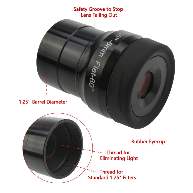 Astromania 1.25" 8mm Premium Flat Field Eyepiece - a Flat Image Field and Crystal-Clear Images