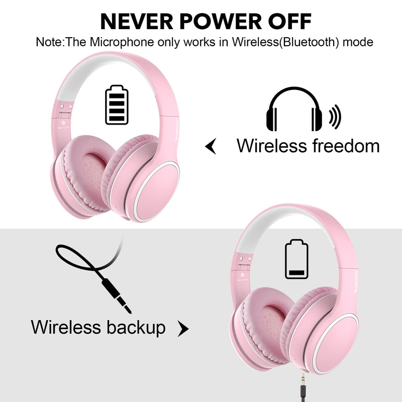 RORSOU B10 Bluetooth Headphones Over Ear, Lightweight Folding Stereo Bass Wireless and Wired Headset with Mic, 50H Playtime, Volume Control, Bluetooth 5.3 Headphones for iPad/Travel/Tablet/PC (Pink) Pink