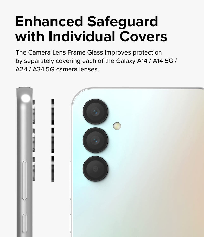 Ringke Camera Lens Frame Glass Compatible with Samsung Galaxy A14 Camera Lens Protector, Galaxy A24 and Galaxy A34 Camera Lens Protector, Glass Covers and Aluminum Alloy Frames - Black