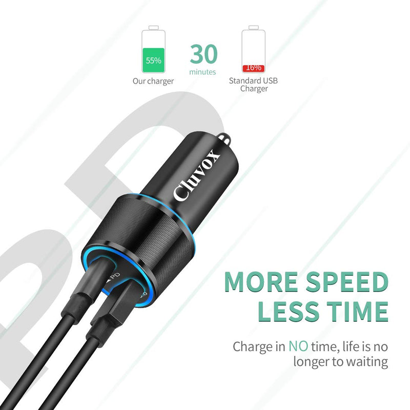 Cluvox USB C Car Charger, Dual 18W Fast Charging Compatible for Samsung Galaxy S21 Plus/Ultra/S20 FE/Plus/Ultra/Note 20/Ultra/10/9/8/S10e/S9/S8/A71 Phone Rapid Automobile Adapter - 2 Pack 3FT Cord Balck