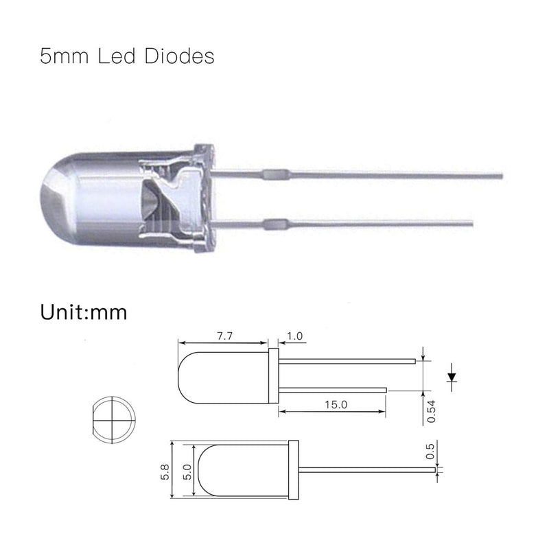 Oiyagai 100Pcs 5mm Assorted LED Light Emitting Diodes DC 3V 20mA 5 Colors Resistor kit