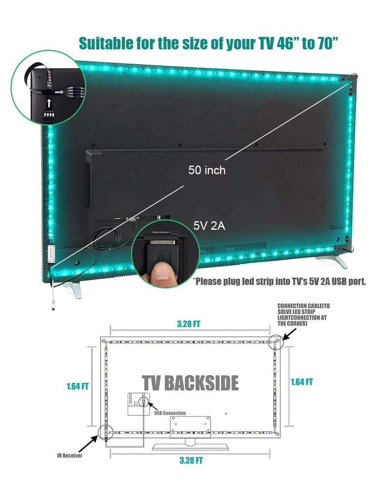 TV LED Backlight, 9.8ft Black USB LED Light Strip for 46-70in TV, Bias Lighting TV LED Lights Kit with 44-Keys Remote, RGB 5050 LEDs Color Changing Lights for Room Bedroom Home Theater 2 x 3.28ft + 2 x 1.64ft