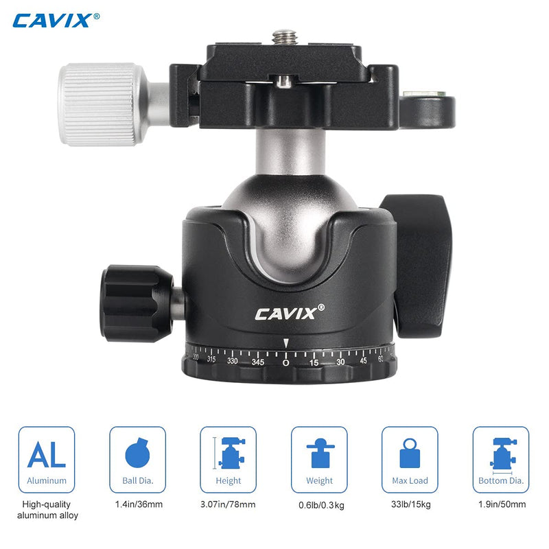 [AUSTRALIA] - CAVIX Ball Head Low Profile Camera Panoramic Tripod Head CNC Metal 36A Ballhead w Bubble Level 1/4" Quick Release Plate for Arca Swiss &3/8" Thread for DSLR Tripod Monopod Camcorder MLoad 33lbs15kg 