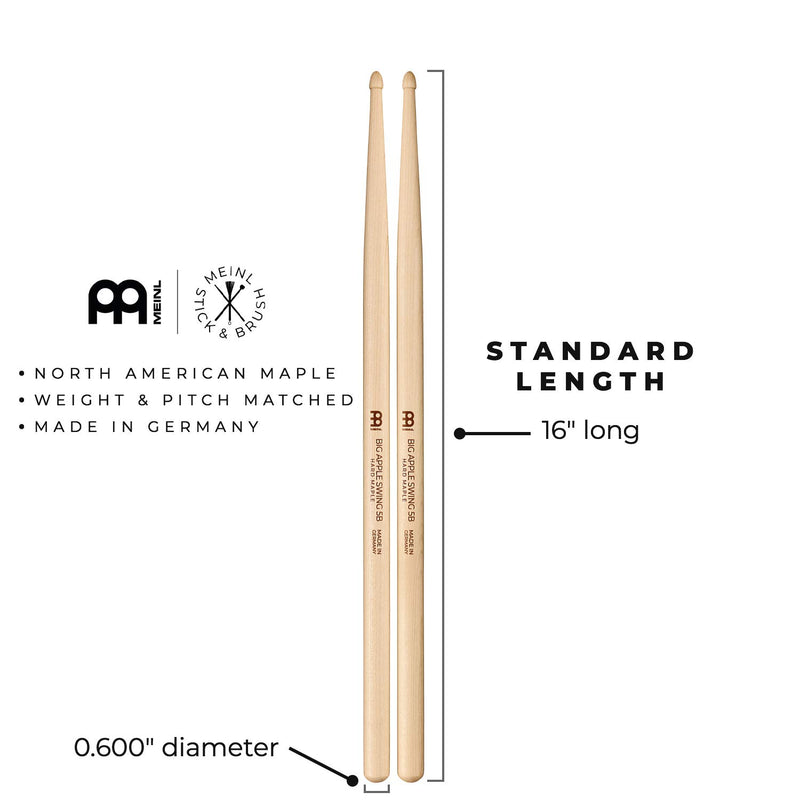 Meinl Stick & Brush Drumsticks, Big Apple Swing 5B — North American Light Maple with Small Acorn Shape Wood Tip — MADE IN GERMANY (SB124) Single Pair