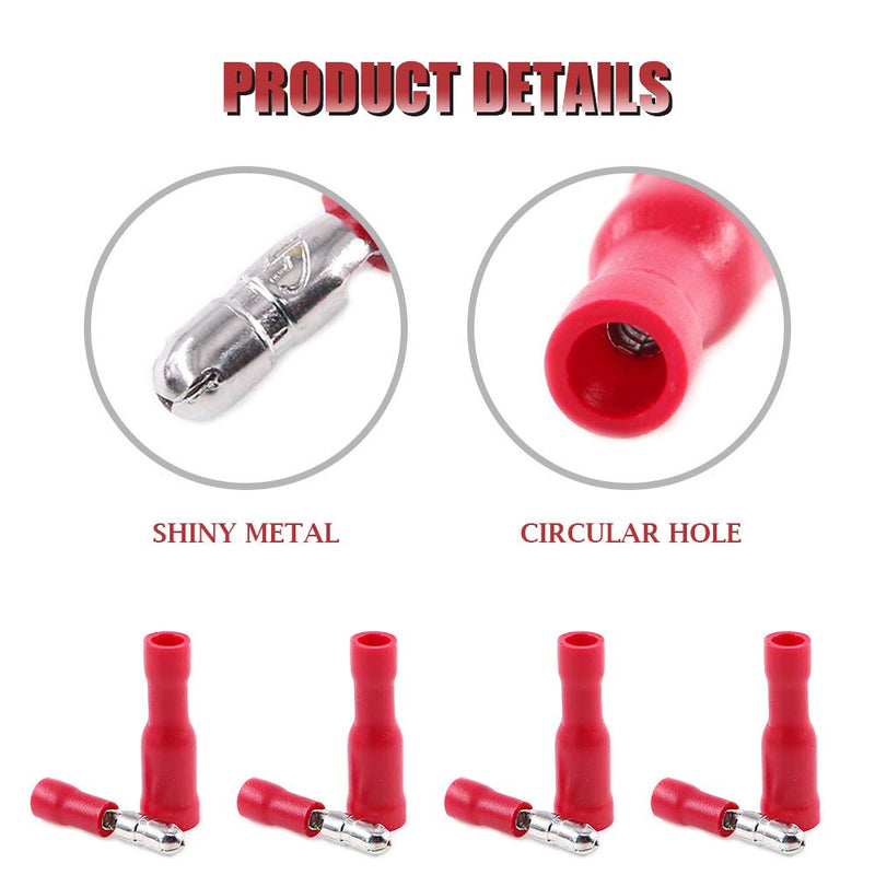 Hilitchi 50Pairs Insulated Male Female Bullet Quick Splice Wire Terminals Wire Crimp Connectors (Red, 22-16 Gauge) Red