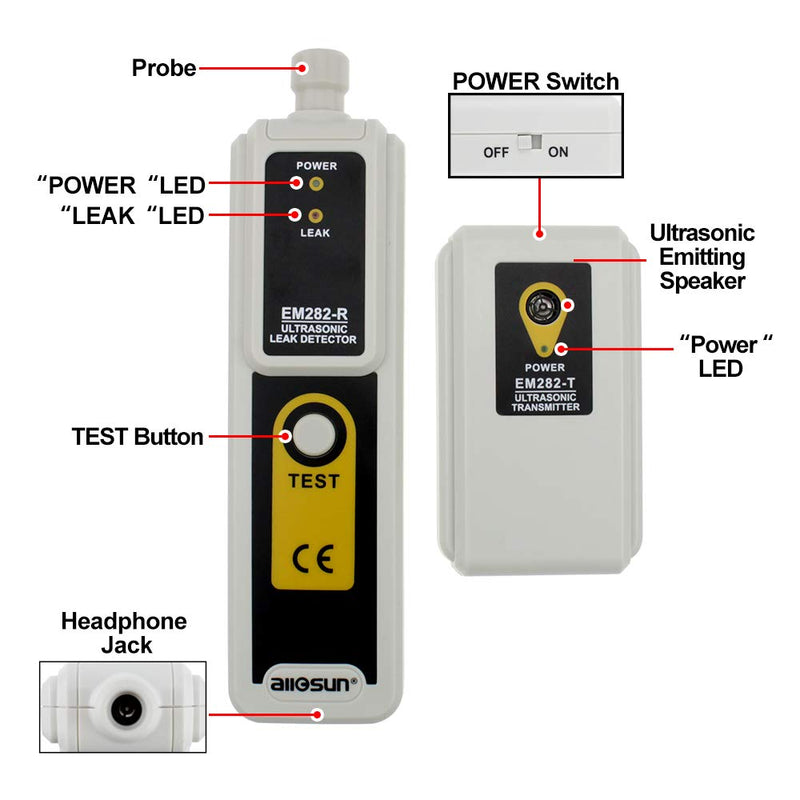 ALLOSUN Gas Leak Detector Ultrasonic Leak Tester Gas Sniffer Transmitter with Headphone, White (EM282)
