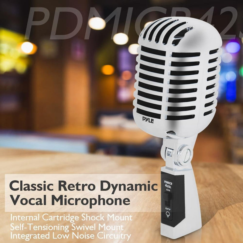 [AUSTRALIA] - Classic Retro Dynamic Vocal Microphone - Old Vintage Style Unidirectional Cardioid Mic with XLR Cable - Universal Stand Compatible - Live Performance In Studio Recording - Pyle PDMICR42SL (Silver) Silver 