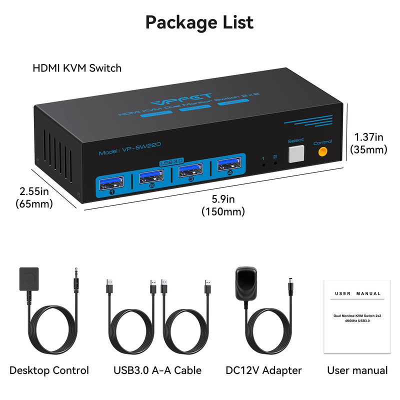 HDMI KVM Switch Dual Monitor 2 Port 4K@60Hz 2 Monitors 2 Computers USB 3.0 KVM Switcher PC Extended Display for 4 USB Devices Like Mouse Keyboard Printer Gamepad Desktop Controller and 2 USB Cables 4K HDMI 2 PC 2 Monitor