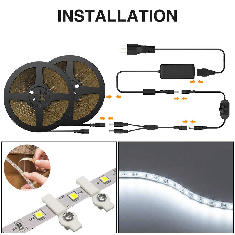 Onforu 65.6ft LED Strip Light, 6000K Daylight White Dimmable Tape Light, 20m 12v Flexible Ribbon Light, 2835 LEDs Rope Lighting for Home, Kitchen, Under Cabinet, Bedroom, Non-Waterproof