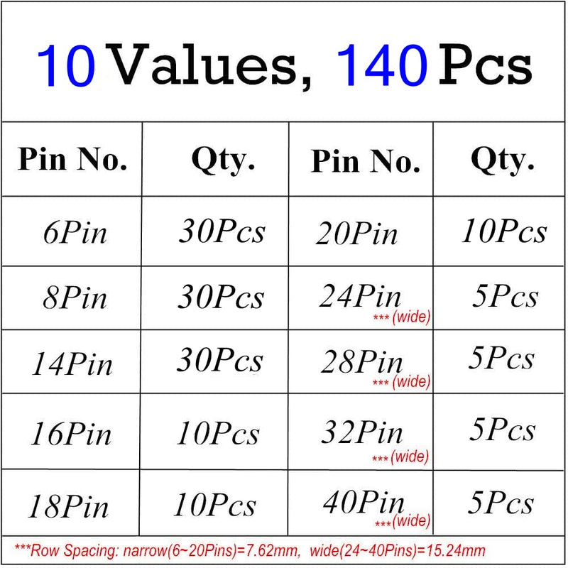 [Upgraded] MOONLIGHT IC Socket Kit 10 values 6 8 14 16 18 20 24 28 32 40Pin Total 140pcs Adapter Solder Type 2.54mm DIP for IC Transistor