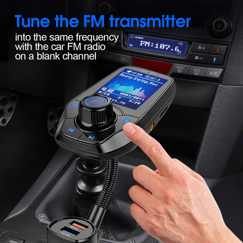 Guanda Bluetooth FM Transmitter for Car, Bluetooth Car Adapter, 4-in-1 Car MP3 Player with 1.8 Inch Color Display, AUX Input/Output, 3 Port USB, S Handsfree Call, SD/TF Card, USB Disk,QC3.0,5 EQ Modes Large Port-USB A Black