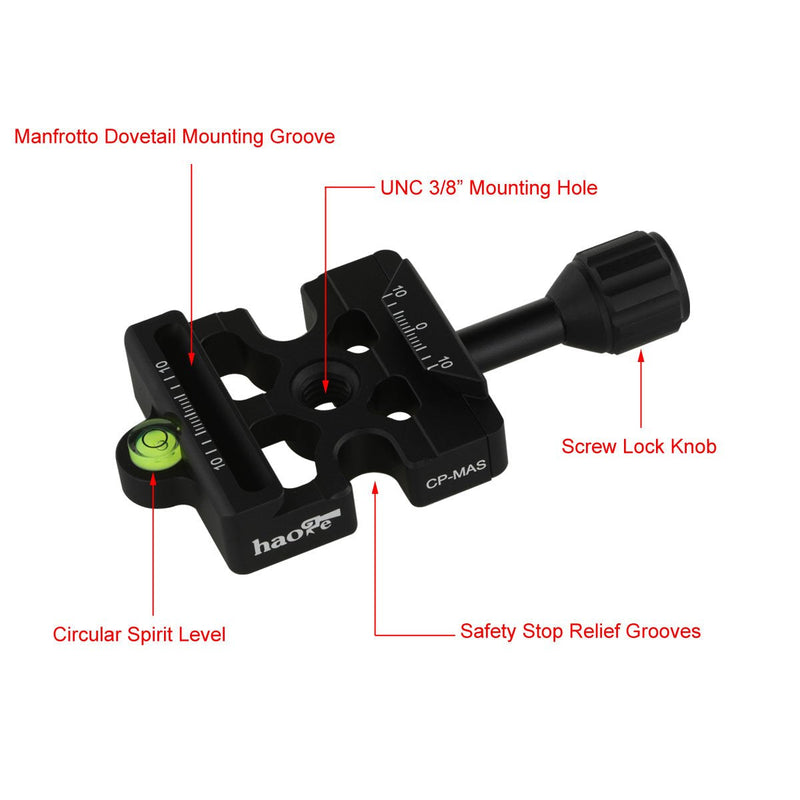 Haoge CP-MAS Screw Knob Clamp Adapter Mount for Quick Release QR Plate Camera Tripod Ballhead Monopod Ball Head Fit Arca Swiss and Manfrotto 200PL-14 RC2 Plate