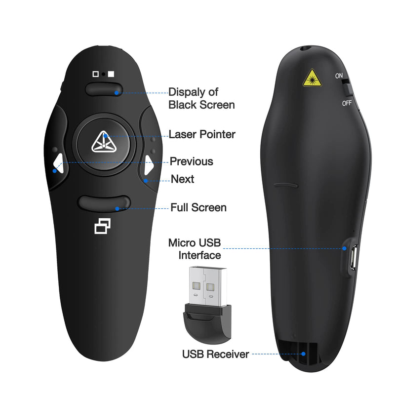 Rechargeable Presentation Clicker Wireless Presenter Remote USB Control Powerpoint PPT Clicker, Red Laser Pointer RF 2.4GHz Presenter Remote Google Slide Advancer for Computer/Laptop/Mac/Keynote Red Light&Rechargeable