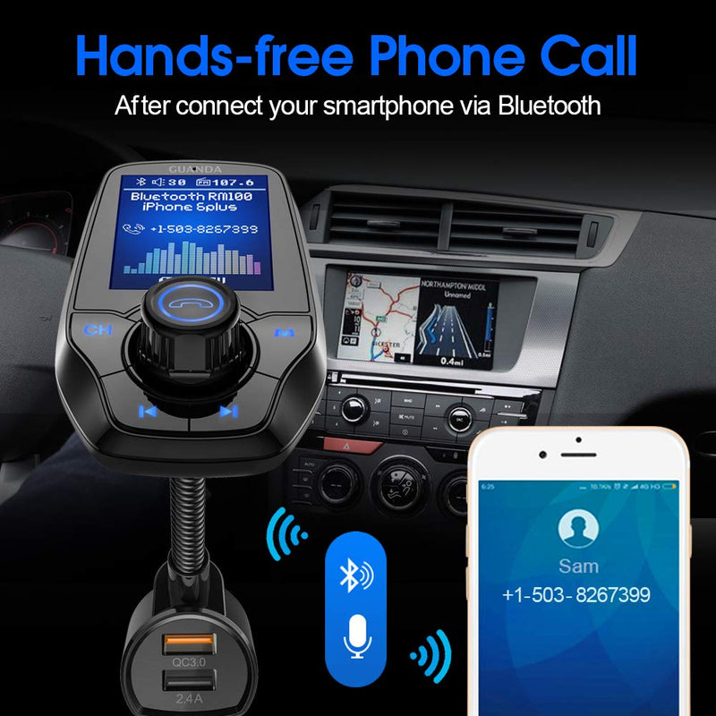 Guanda Bluetooth FM Transmitter for Car, Bluetooth Car Adapter, 4-in-1 Car MP3 Player with 1.8 Inch Color Display, AUX Input/Output, 3 Port USB, S Handsfree Call, SD/TF Card, USB Disk,QC3.0,5 EQ Modes Large Port-USB A Black