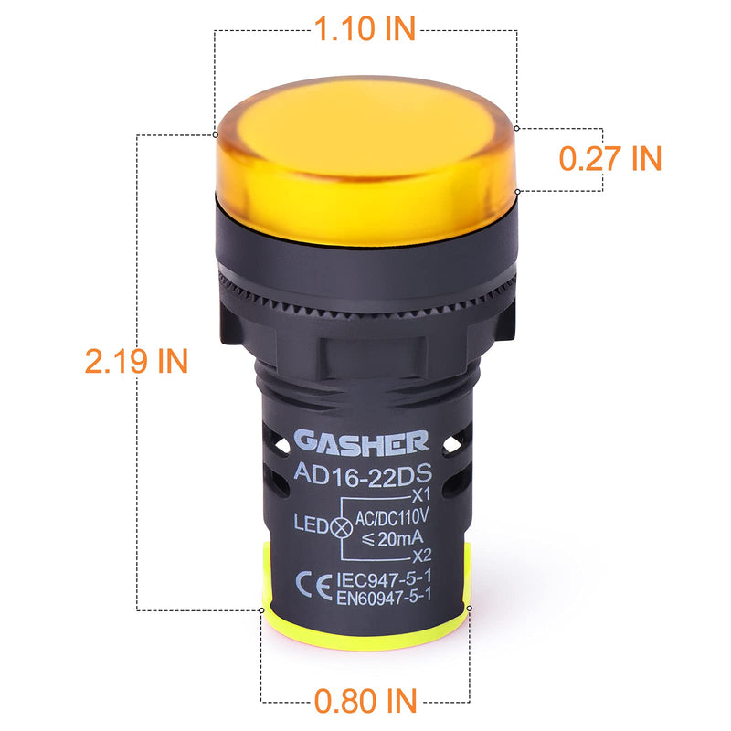 GASHER 12V/24V/110V 20mA Energy Saving Indicator Light Mounting Hole Size 22mm (7/8 Inch) Yellow 10 Pcs 110V