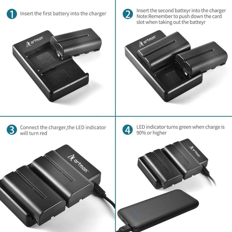 Artman 2-Pack NP-F550 Batteries and Dual Micro USB Charger for Sony NP F970, F960, F770, F750, F570, F550, F530, F330, CCD-SC55, TR516, TR716, TR818, TR910, TR917, TR940 (2900mAh)