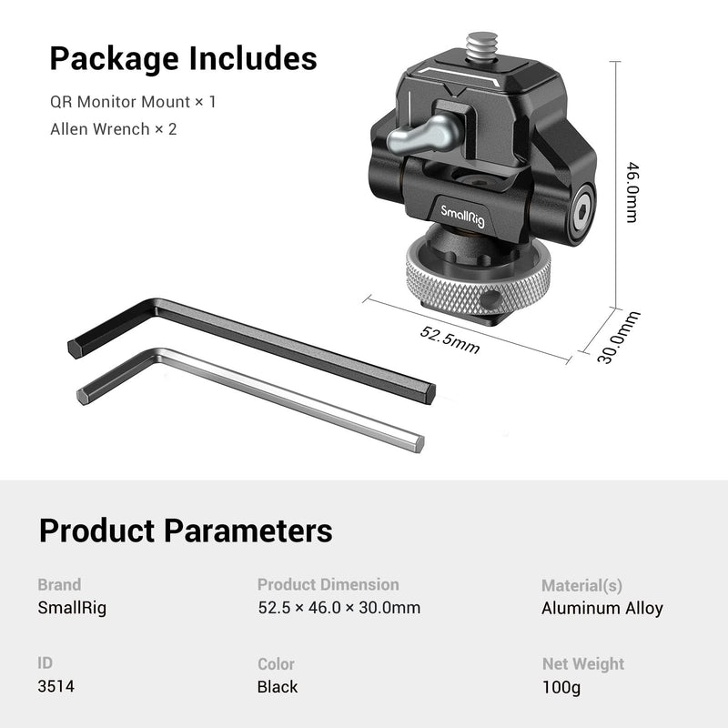 SmallRig HawkLock Mini Quick Release Field Monitor Mount, Swivel and Tilt Adjustable Monitor Bracket, Quick Release Monitor Holder w Cold Shoe Fits for 5" & 7" Monitors, Smartphones, LED Light - 3514