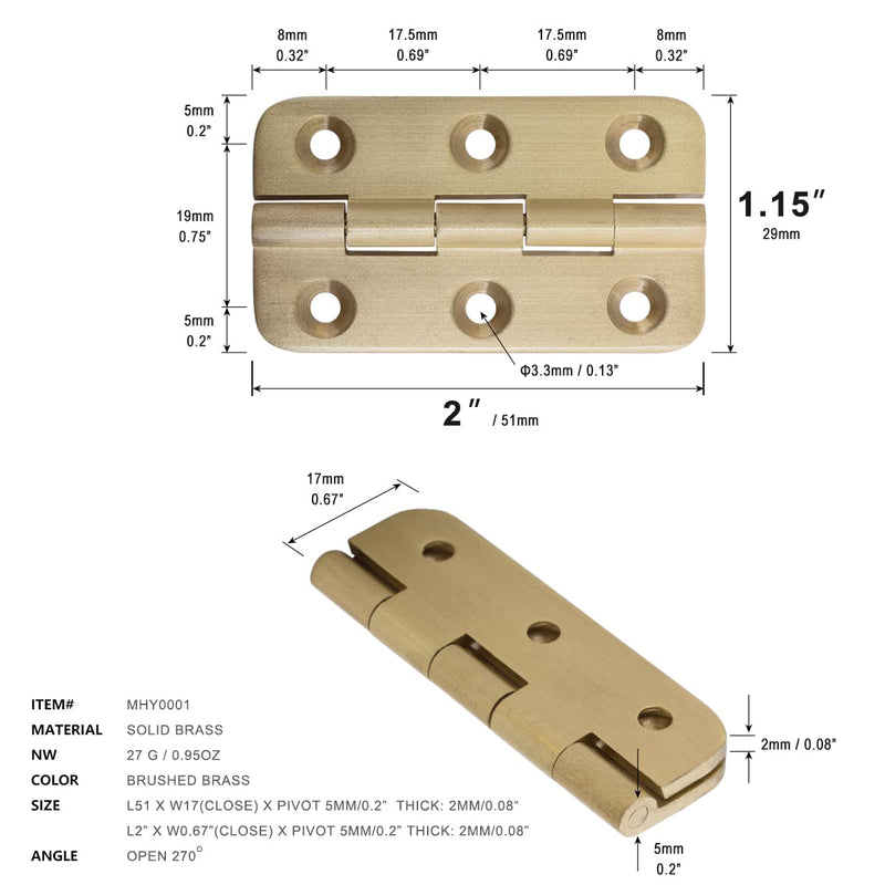 [AUSTRALIA] - Keenkee 4 PCS Brushed Solid Brass Butt Hinges 2 Inch for Cabinet Doors, Trunks, Wood, Chest Lid, Crafts, Jewelry Box and Small Wooden Boxes, Furnitures, Round Corner Mortise Brass Hinge with Screws 