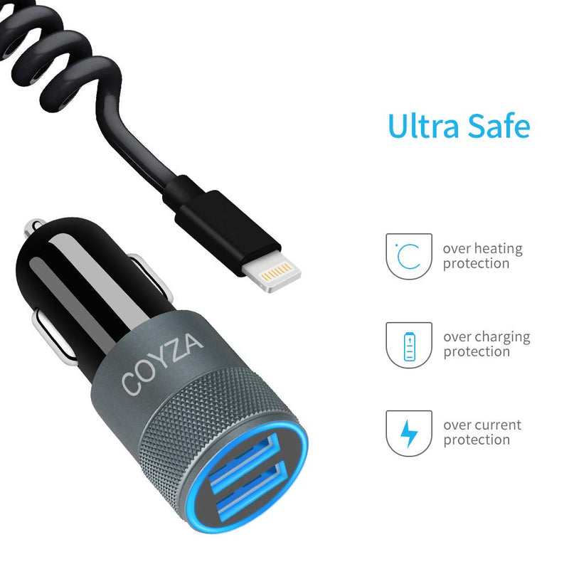 COYZA Fast Car Charger Adapter, Compatible with iPhone 12/11/Pro Max/Pro/Mini/X/XS/XS MAX/XR/SE 2020/8 Plus/8/7 Plus/7/6s/6/iPad Air 3/Mini, 3.1A Dual USB Ports with Coiled Charging Cable Cord