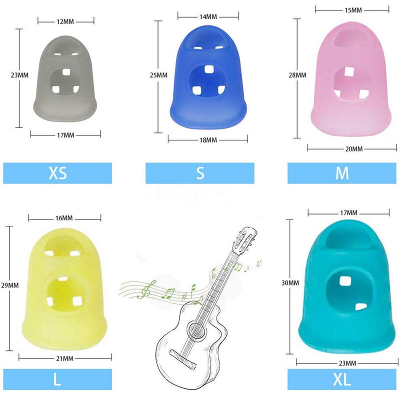 Guitar Silicone Finger Protector Covers - 5 Color Fingertip Protection Covers Caps in 5 Sizes for Beginner Playing Ukulele Electric Guitar and 10 Guitar Picks (Total 60 pcs)