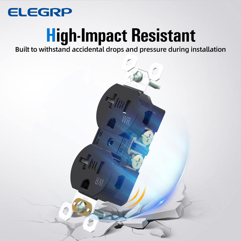 ELEGRP 20 Amp 125V Duplex Receptacle, Standard Electrical Wall Outlet, TR Tamper Resistant and WR Weather Resistant, 2 Pole 3 Wire, Self-Grounding, Residential Grade, UL Listed, Glossy Black, 10 Pack Tamper/Weather Resistant
