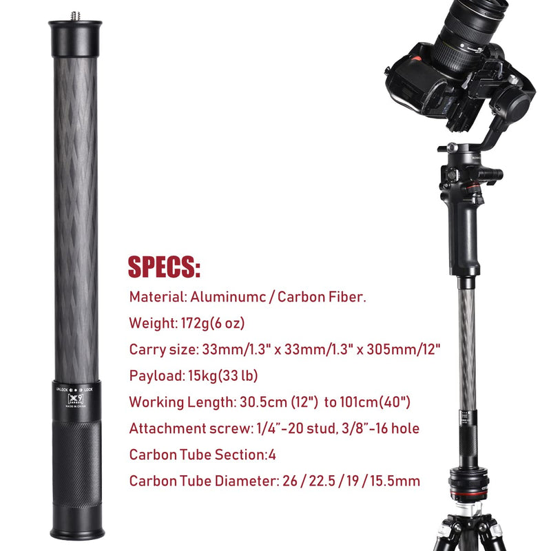Carbon Fiber Extension Pole,Fast Twisting Lock 4 Section Tube,1/4" Screw Mount Compatible with Camera Phone Gimbal Video Stablizer,Lightweight Camera Stick for Photography