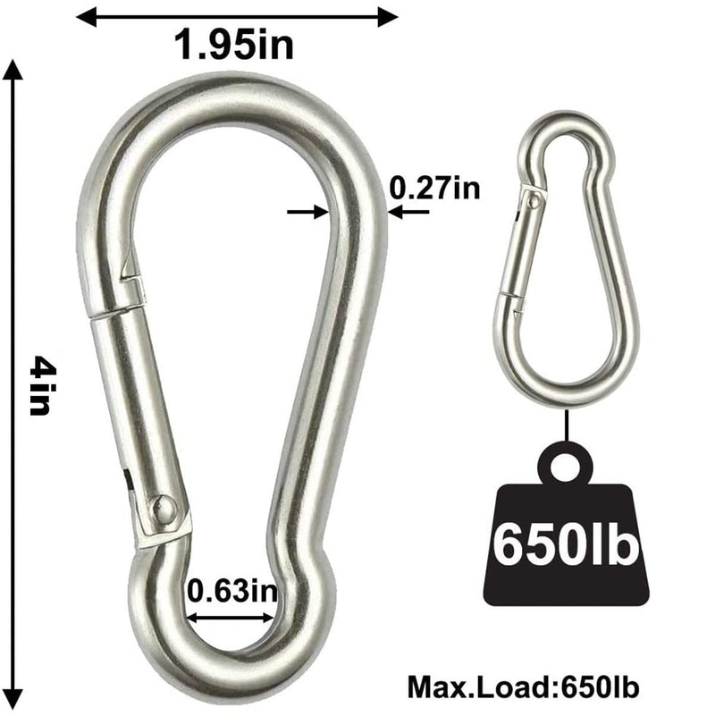 AUMAYCO 4 Pack 4 Inch Spring Snap Hook Carabiner, 304 Stainless Steel Heavy Duty Carabiner Clips Link Buckle Rope Connector for Camping Hiking Swing Gym Hammock, Silver (AU04)
