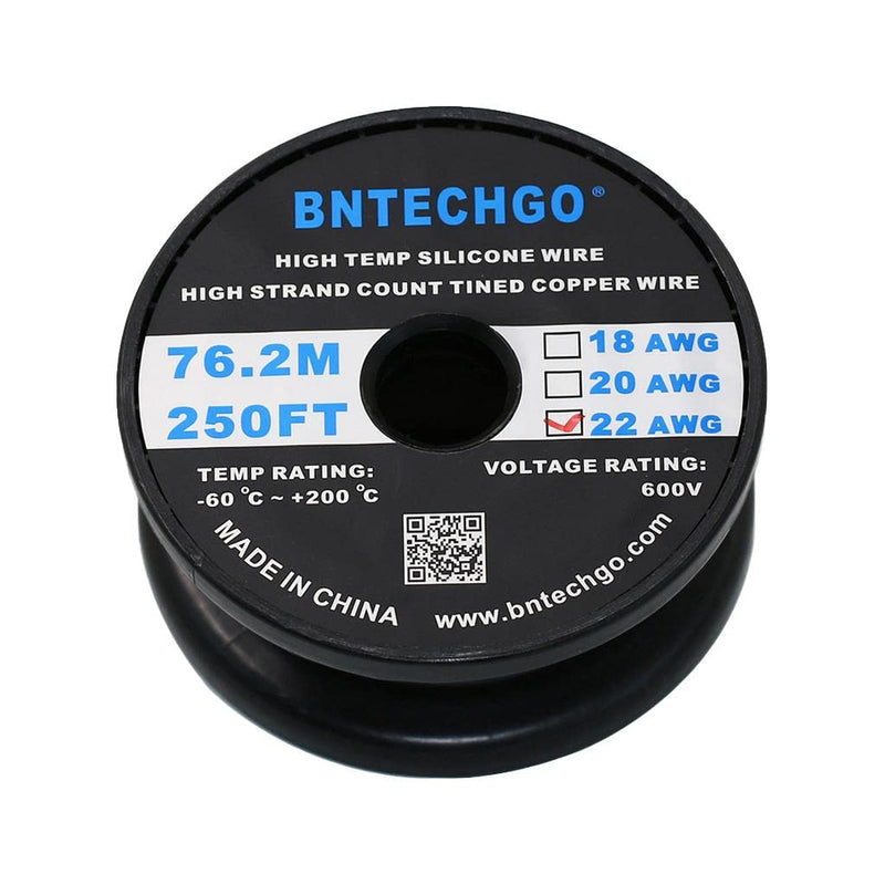 BNTECHGO 22 Gauge Silicone wire spool 250 ft Black Flexible 22 AWG Stranded Tinned Copper Wire silicone wire 250ft silicone wire black