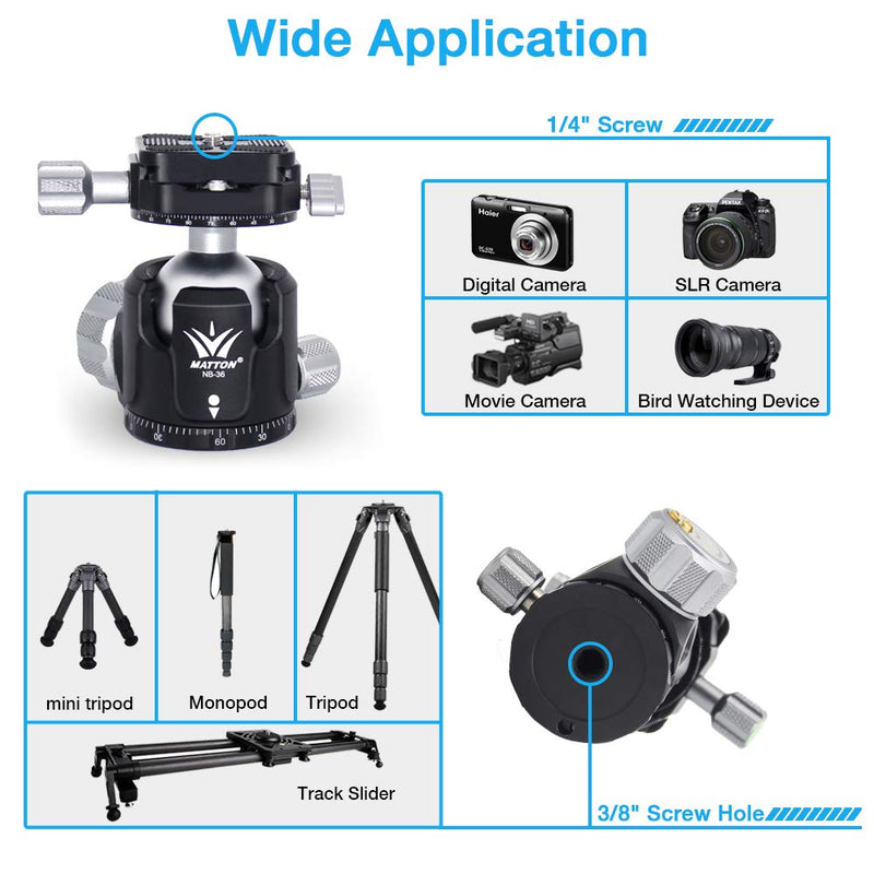Low Profile Double Panoramic Ball Head, 360 Degree Panoramic Professional Heavy Duty All Metal Tripod Head with Quick Release Plates for Tripod, Monopod, DSLR, Camcorder NB36