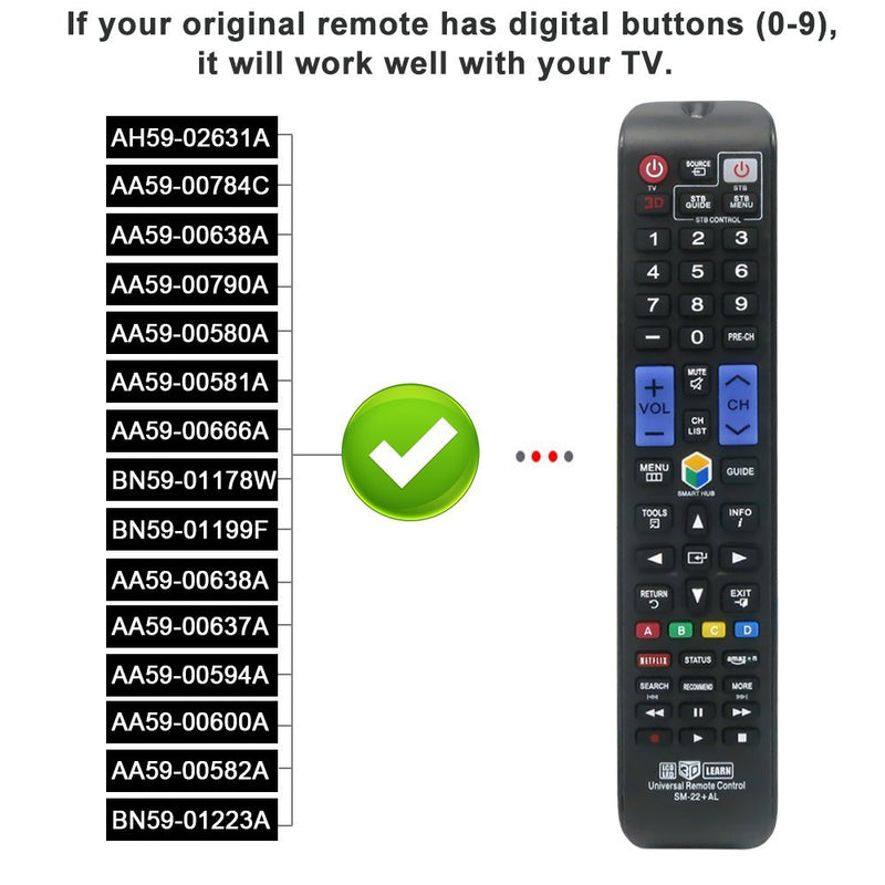 LuckyStar Universal Remote Control SM-22+AL For Almost All Samsung Brand TV/ 3D/ LCD/LED/HDTV/Smart TV,AA59-00666A BN59-01178W BN59-01199F AA59-00638A AA59-00637A AA59-00594A AA59-00600A AA59-00582A