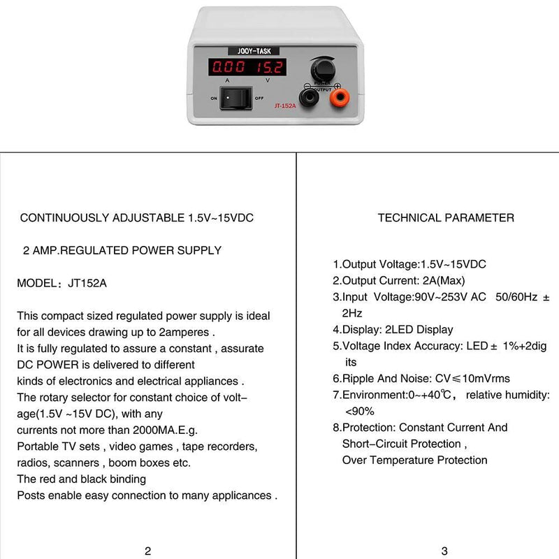 [AUSTRALIA] - JOOY-TASK DC Power Supply Variable &Small DC Power Supply (1.5~15V,2A) -Adjustable DC Regulated Bench Power Supply(Input Voltage 90V~253V AC) 