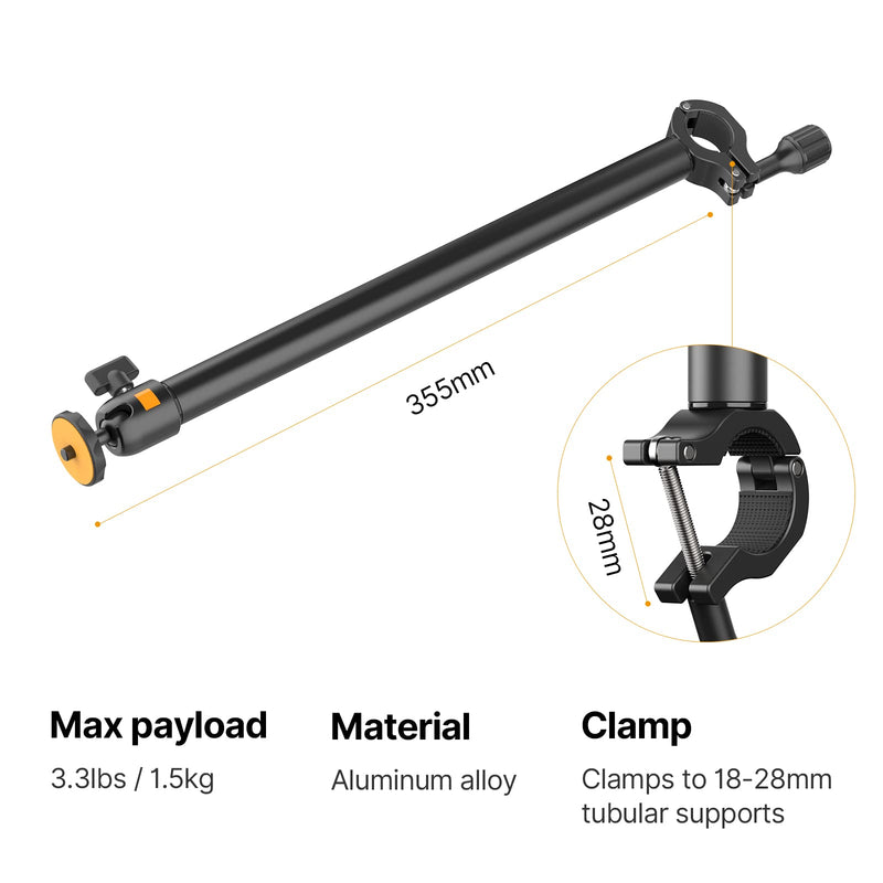 JUSMO Auxiliary Holding Arm with 360° Ballhead for Small Camera/Gopro/Light/Webcam and More, Suitable for 20mm-30mm Rod Pole LS02A