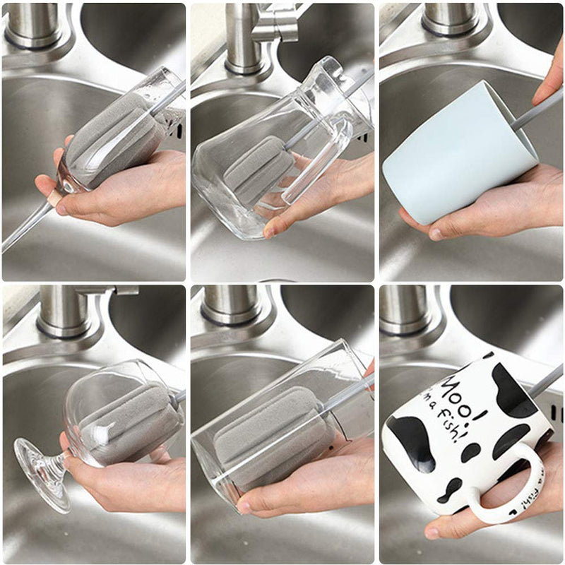 4PCS Grey Soft Sponge Bottle Cleaning Brush Plastic Handle Cup Brush Scrubber Washing Brush vase Bottle Pot Cleaner（2 size 10”15”）