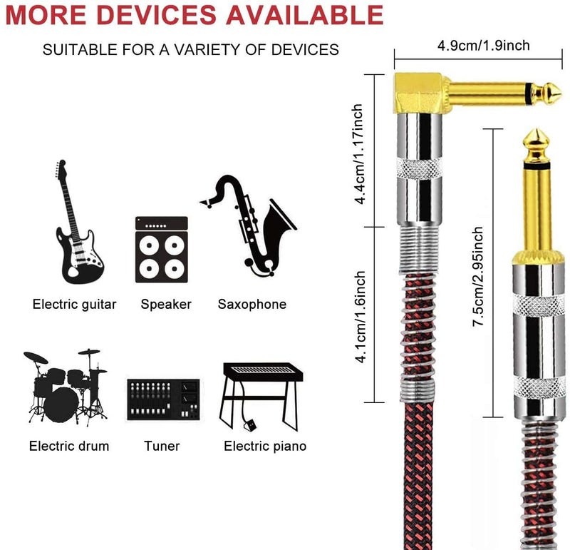 BIGGZ Professional Guitar Lead 3M/10ft, 6.35mm 1/4" Right Angled Nylon Braided Gold Plated Guitar Instrument Cable for Electric Guitar, Bass, Amp, Keyboard, Mandolin, Mixing Desks-STR/ANG (RED) RED