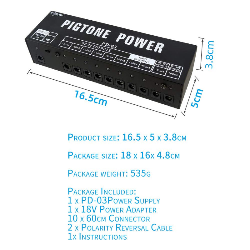 Pigtone Guitar Effect Pedal Power Supply 10 Independent DC Outputs Suitable for 9V/12V/18V 100mA 400mA Short Circuit and Over Current Protection PD-03