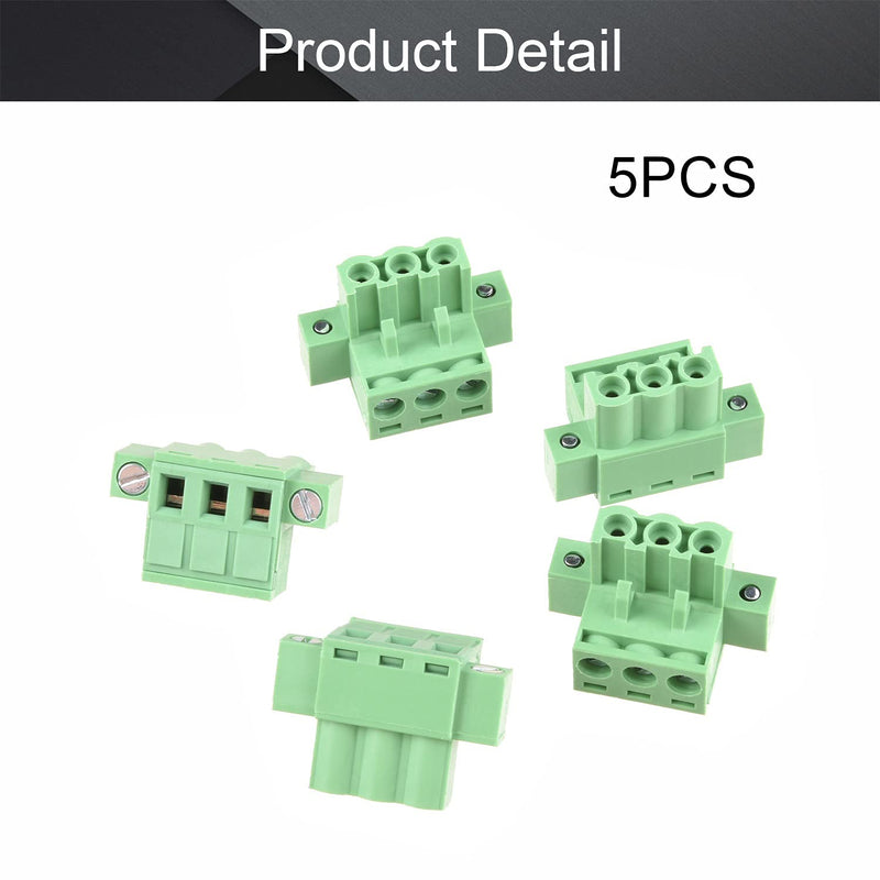 Fielect 5Pcs 5.08mm Pitch 3P PCB Screw Terminal Block Connector 300V 15A Pluggable Teminal Blocks Connector 2EDGKM-5.08 Green